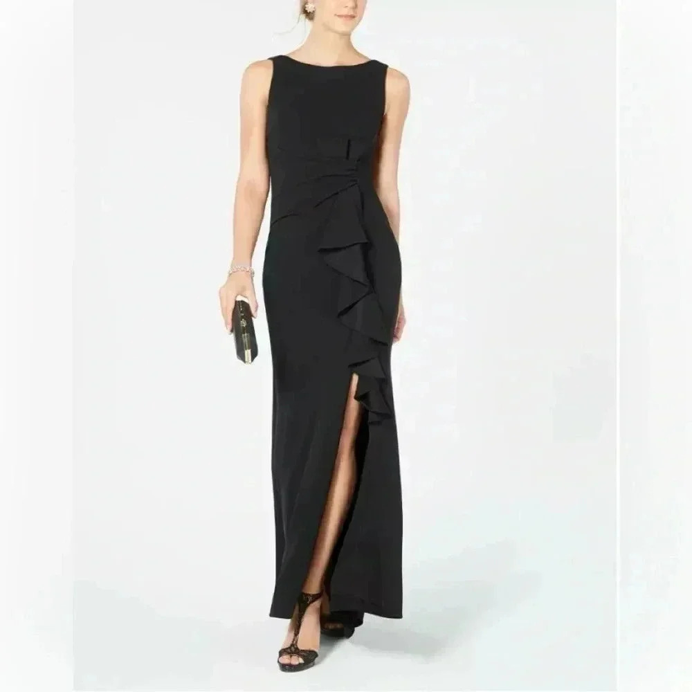 Betsy & Adam Women's Long Sleeveless Boat Neck Ruffle Side,Slit Scuba Crepe Gown